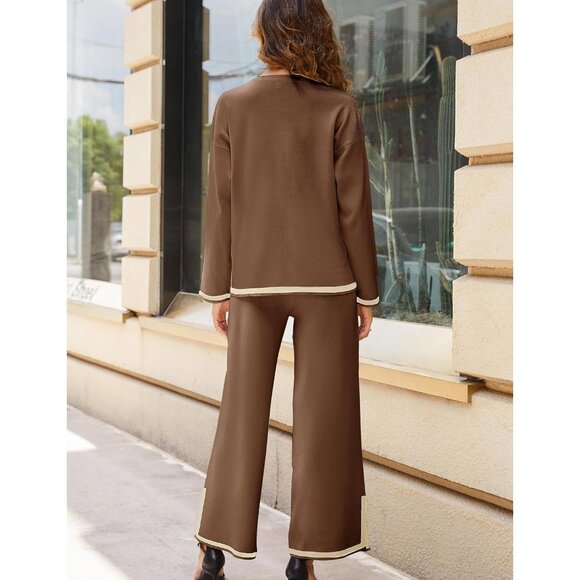 Women's Brown Long Sleeve Knit Sweater Top & Wide Leg Pants Lounge Set - Picture 6 of 6